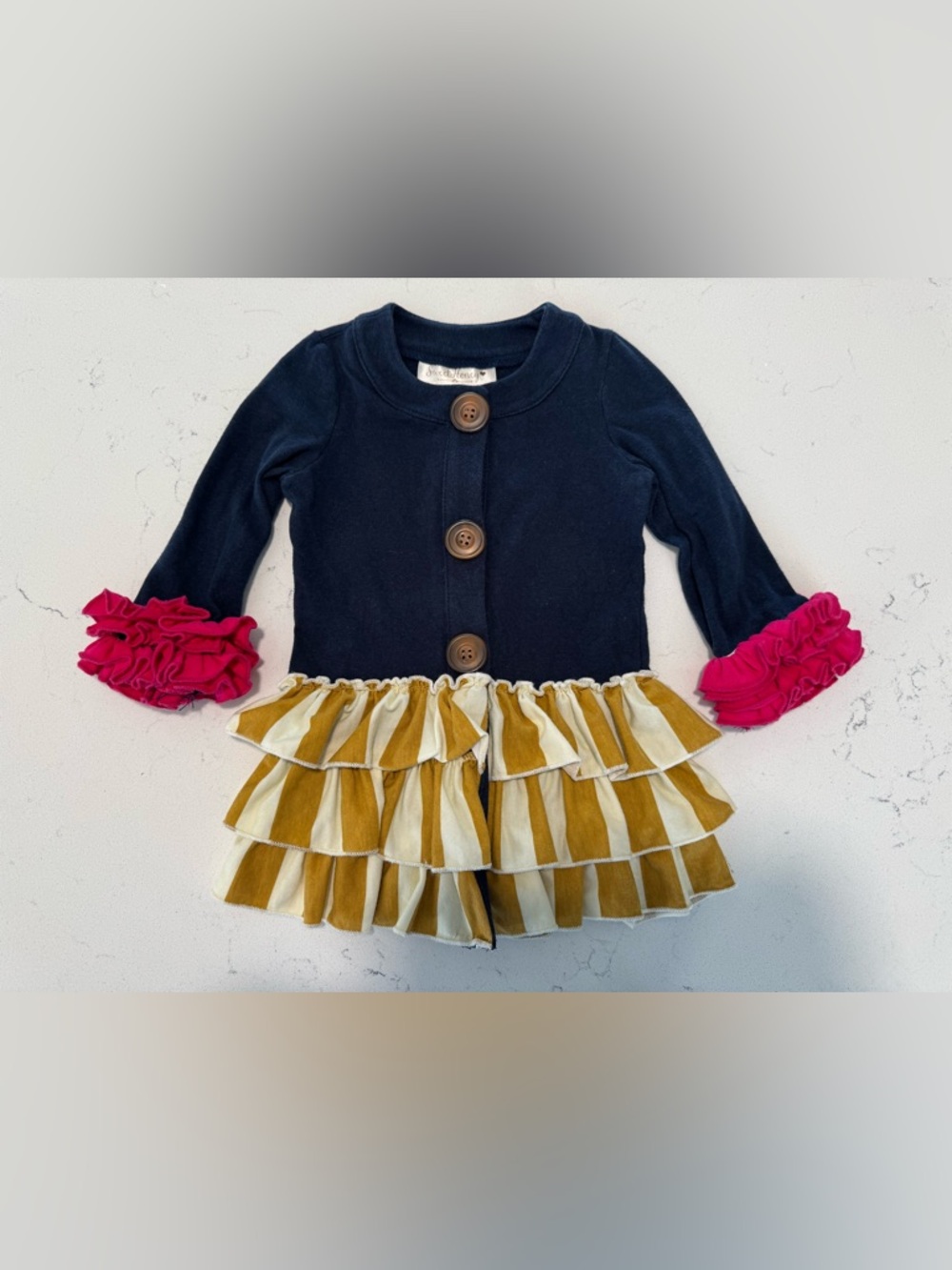 SweetHoney Navy Button Up Sweater Cardigan Ruffle Skirt
